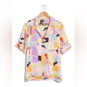 Open Edit Satin Camp Shirt Pink Abstract Geometric Button Down